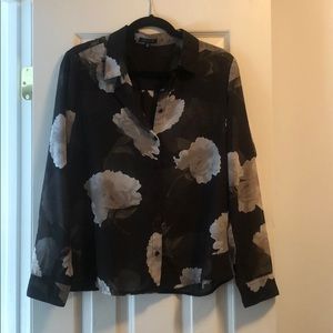 Sheer black floral button down shirt